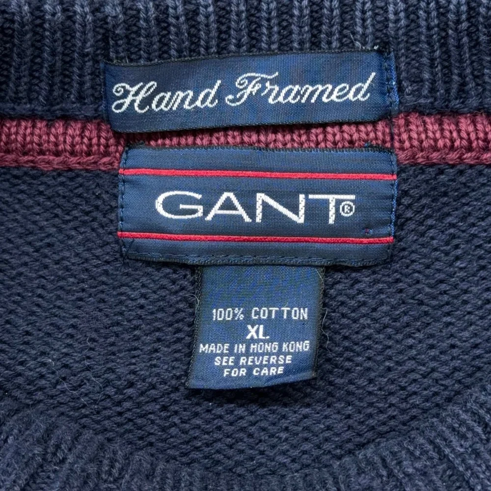 Vtg Gant Mens XL Navy Blue Cotton Golfer Embroidered‎ Knit Sweater Hand Framed